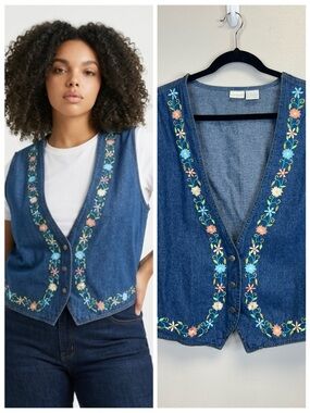 Cottagecore Embroidered Denim Vest Blue Prairie Shire Butter Mom Size XL 2X 90s